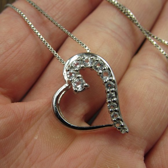 18" Sterling Silver Very Light Aquamarine Heart Pendant Necklace Vintage - Picture 3 of 7